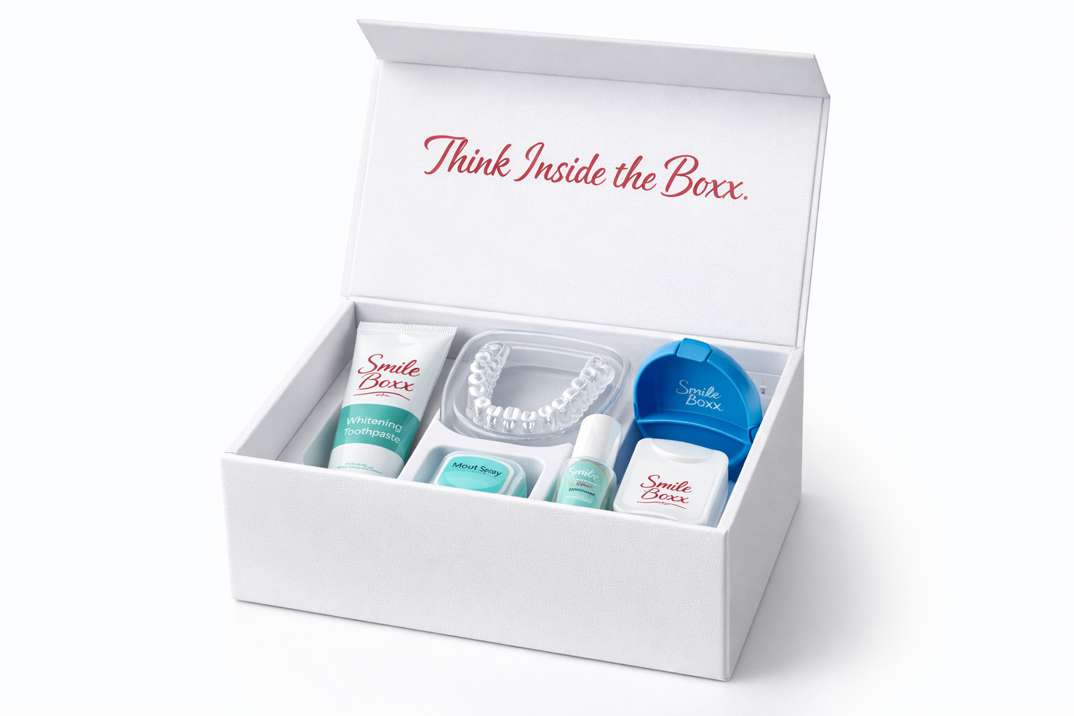 Smile Boxx open, revealing the complete oral care system